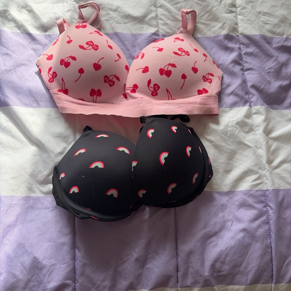 Victoria's Secret Pink Cherry and Black Rainbow Bras